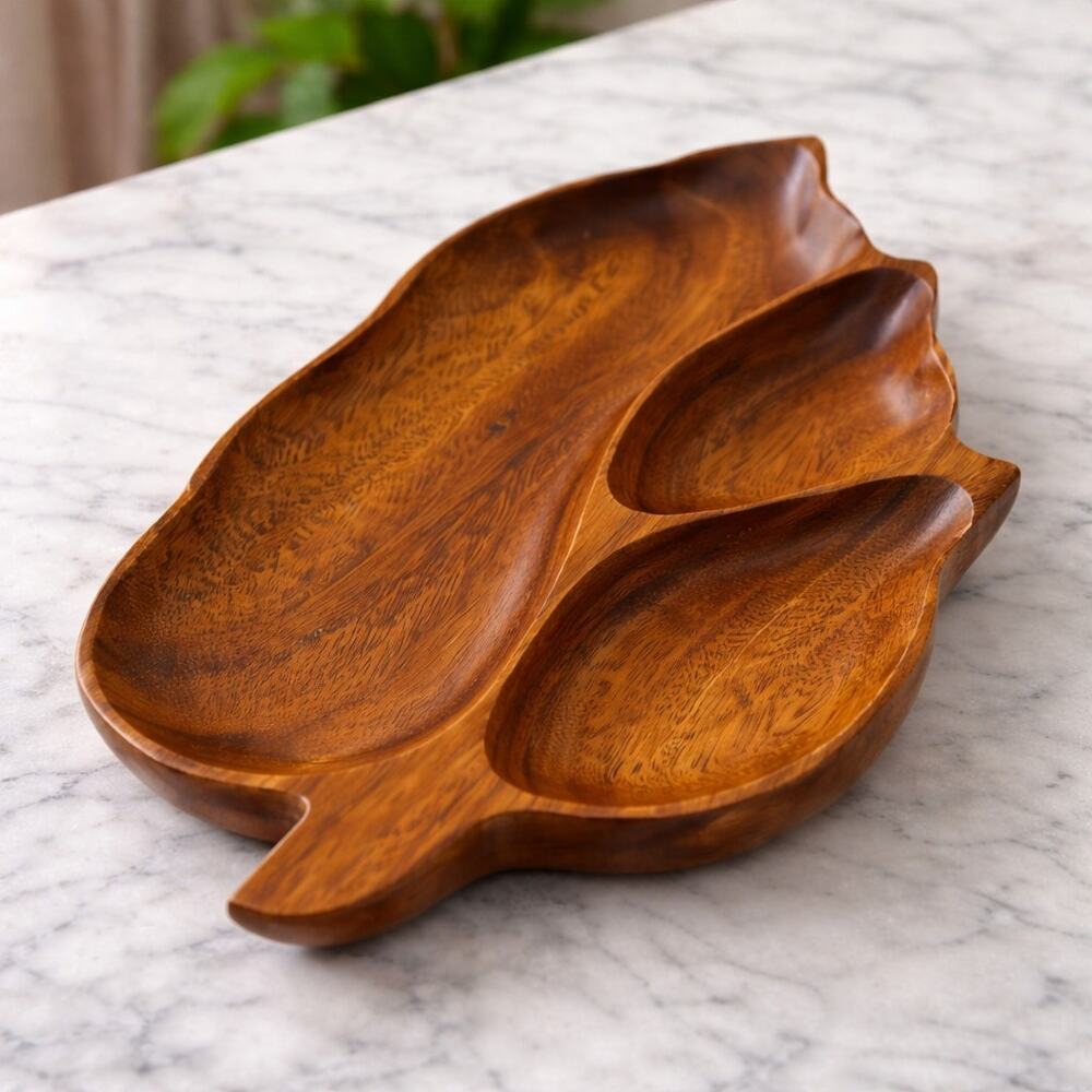 Vintage Aloha Wood Leaf Tray Monkey Pod Bowl 14” Hawaii Philippines